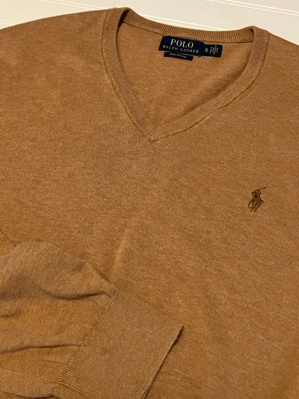 Polo Ralph Lauren Sweater Mens XL Tan Camel Pima Cotton V-Neck Tonal Pony - Picture 1 of 6